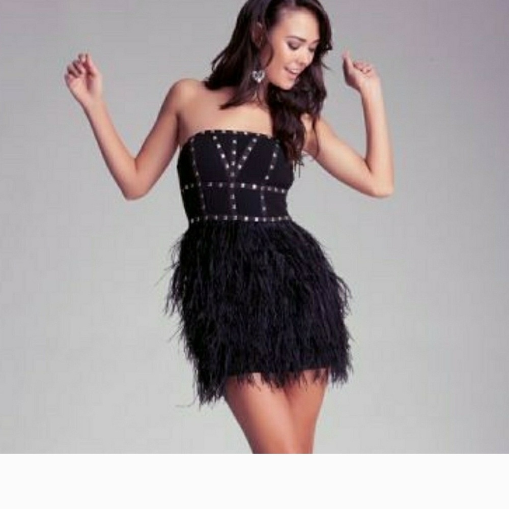 bebe Black Strapless Dress Feathered Skirt